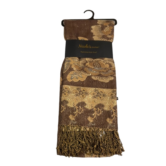 Pashmina style Scarf Rich Gold Brown Cream Olive Green Thread Rich Beautiful NWT - Picture 3 of 8